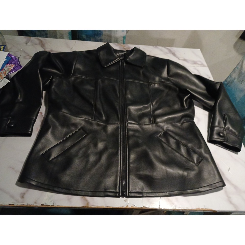 Buttons Womens Black Faux Leather Full Zip Jacket Size 2X‎ wester cowgirl Coat